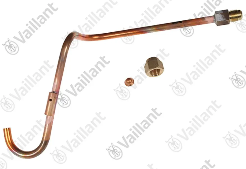 Kupferrohr mit einer gebogenen Form und mehreren Befestigungselementen, hergestellt von Vaillant, eignet sich für die Installation in Heizungsanlagen.